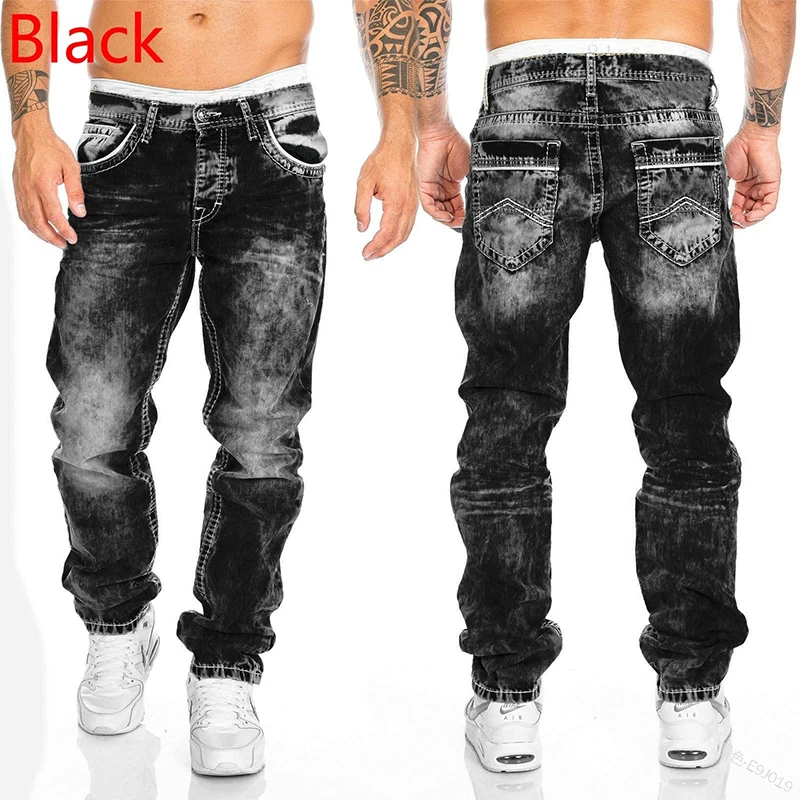 Erkekler için moda düz kot Streetwear Cacual retro yıkanmış çift dikiş uzun Denim pantolon Hip Hop Slim Fit Punk pantolon