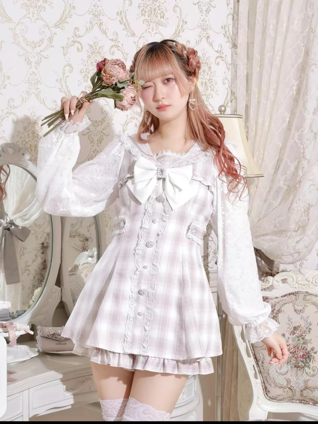 2025 Spring New Japanese Mine Big Bow Long Sleeve Plaid Short Dress and Shorts 2 Piece Set Women Girls Sweet Lolita Outfits