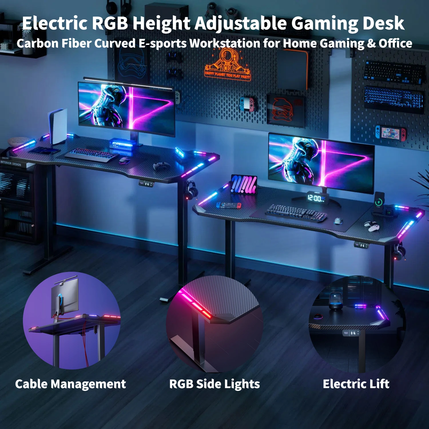 NEBMAAX Electric Height Adjustable Gaming Desk With RGB LED Strip Lights, Built-In Cup Holder Headset Hook Ergonomic Computer Game Table with Carbon Fiber Surface, 2 Memory Positions and 3 Sizes