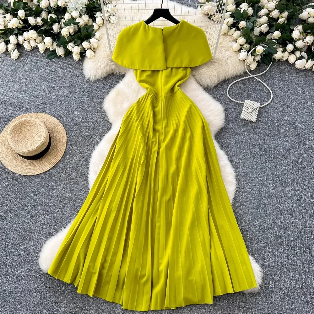 TWOTWINSTYLE New Solid Elegant Dresses For Women O Neck Sleeveless High Waist Temperament Dresses Female Fashion New KDR523875