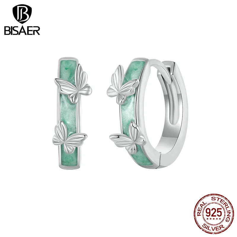 BISAER 925 Sterling Silver Green Butterfly Hoop Earrings Enamel Process Plated Platinum Fine Jewelry For Women Party Gift EFE935