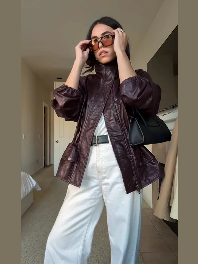 Vintage Red Leather Jacket Women Casual Stand Collar Pocket Full Sleeve Pu Coats Fashionable 2025 Daily High Street Outerwear