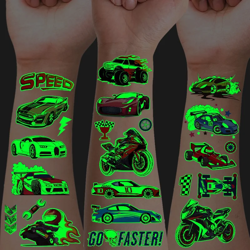 12 feuilles lumineuses voitures de course motos autocollants de tatouage temporaire, brillent dans la nuit Cool motos course compétition Patter