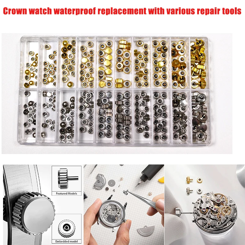 100/300pcs Silver Gold Watch Crowns Watch Waterproof Replacement Assorted Repair Tools Watch Accessories Repair Tools Kit