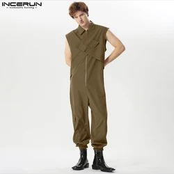 2024 Men Jumpsuits Solid Color Lapel Sleeveless Zipper Streetwear Casual Male Rompers Loose Fashion Cargo Overalls S-5XL INCERUN