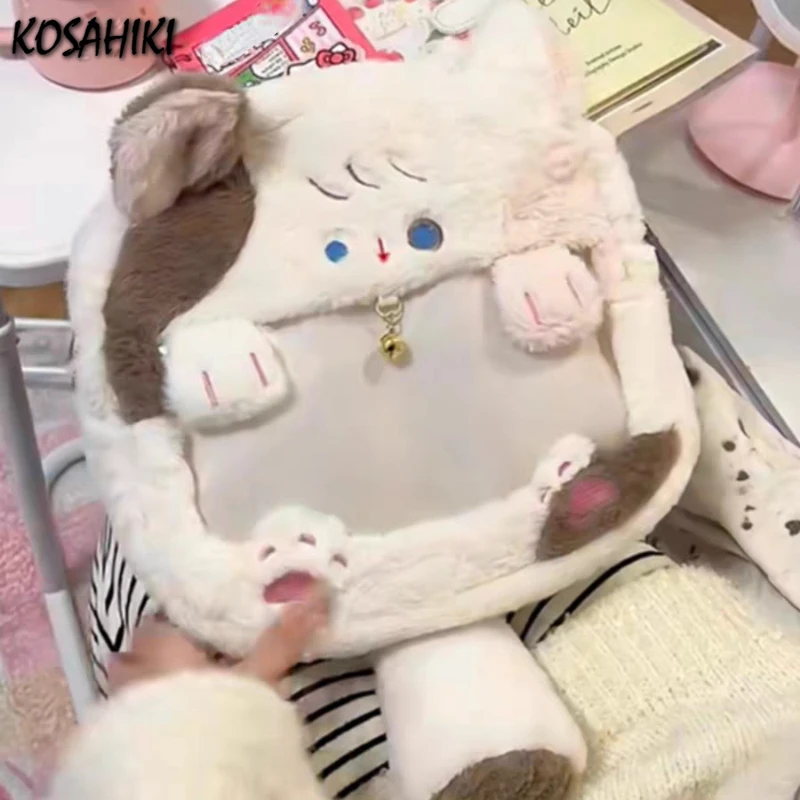 Japanese Cartoon Kawaii Cat Backpacks Sweet Fluffy Cute Y2k Aesthetic Chic Shoulder Handbags Casual Vintage Transparent Ita Bags