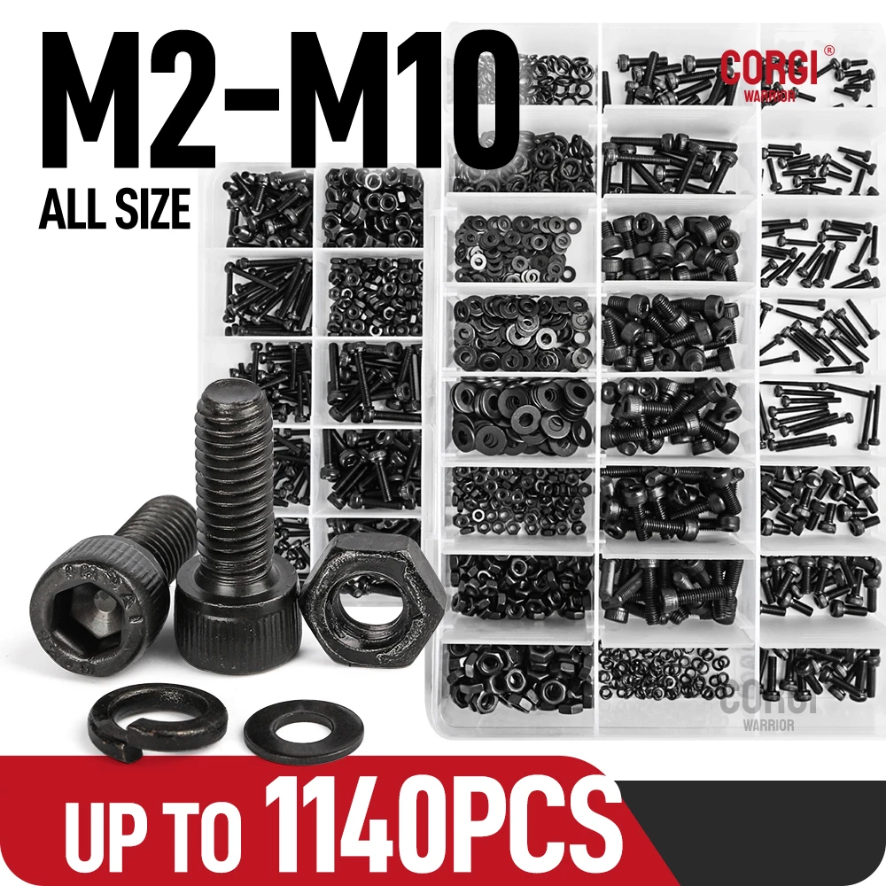 Hex Socket Head Cap Screws Kit M2 M2.5 M3 M4 M5 M6 M8 M10 up to 1140 DIN912 Black 12.9 Grade Carbon Steel Bolts Nuts Assortment