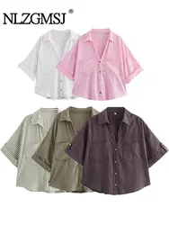 TRAF 2024 Women Shirt Fashion Linen Blend Cropped Shirts for Women Short Sleeve Casual Loose Shirt Female Button Top