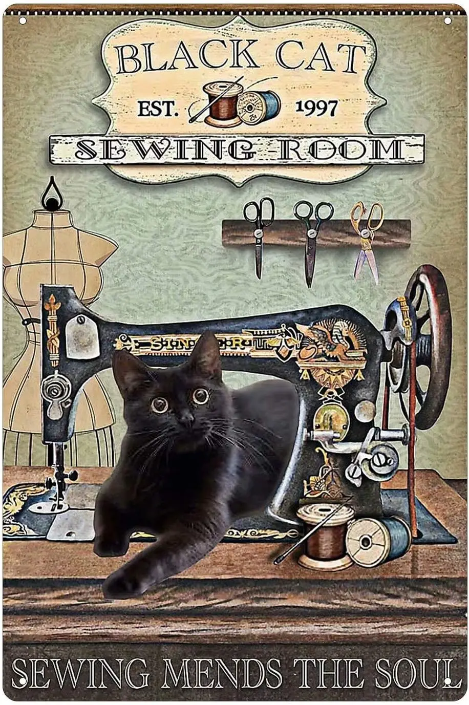 Black Cat Vintage Metal Tin Sign,Sewing Room Retro Wall Plaque Poster Cafe Bar Pub Beer Club Wall Home Decor 8x12 inch