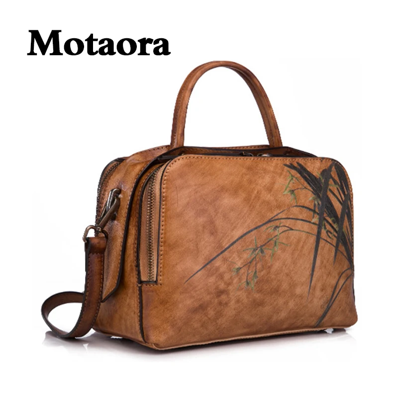 MOTAORA Leather Women's Bag Female Vintage Cowhide Handbag Woman's Phone Bag Ladies Makeup Bags Fashion Retro Zip Shoulder Bag