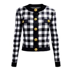 Three Colors Of High-quality And Fashionable New Knitted Plaid Button Back Zipper Long Sleeved Slim Fit Casual Women's Cardigan