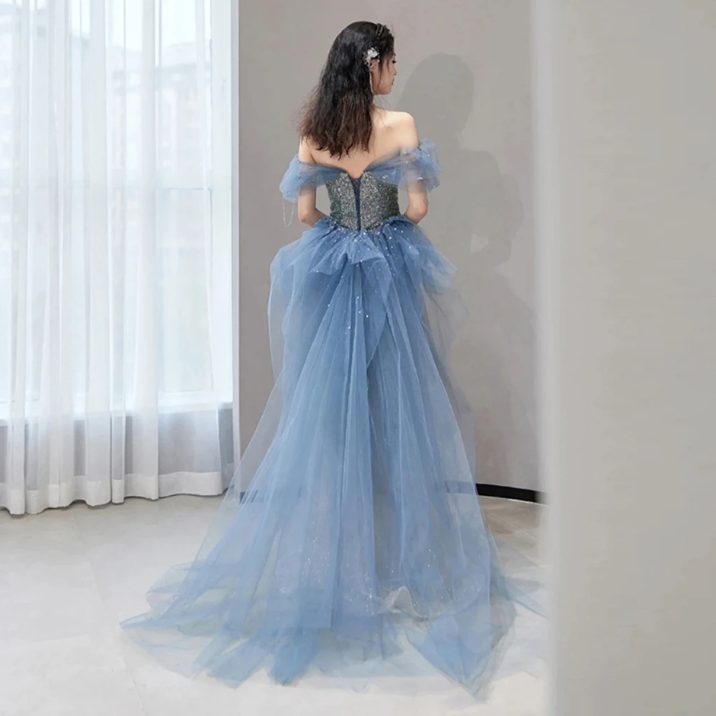 Blue Luxury Senior Evening Dresses Strapless Beading Off The Shoulder Sequin Gradient Blue Cockital Host Party Evening Prom Gown