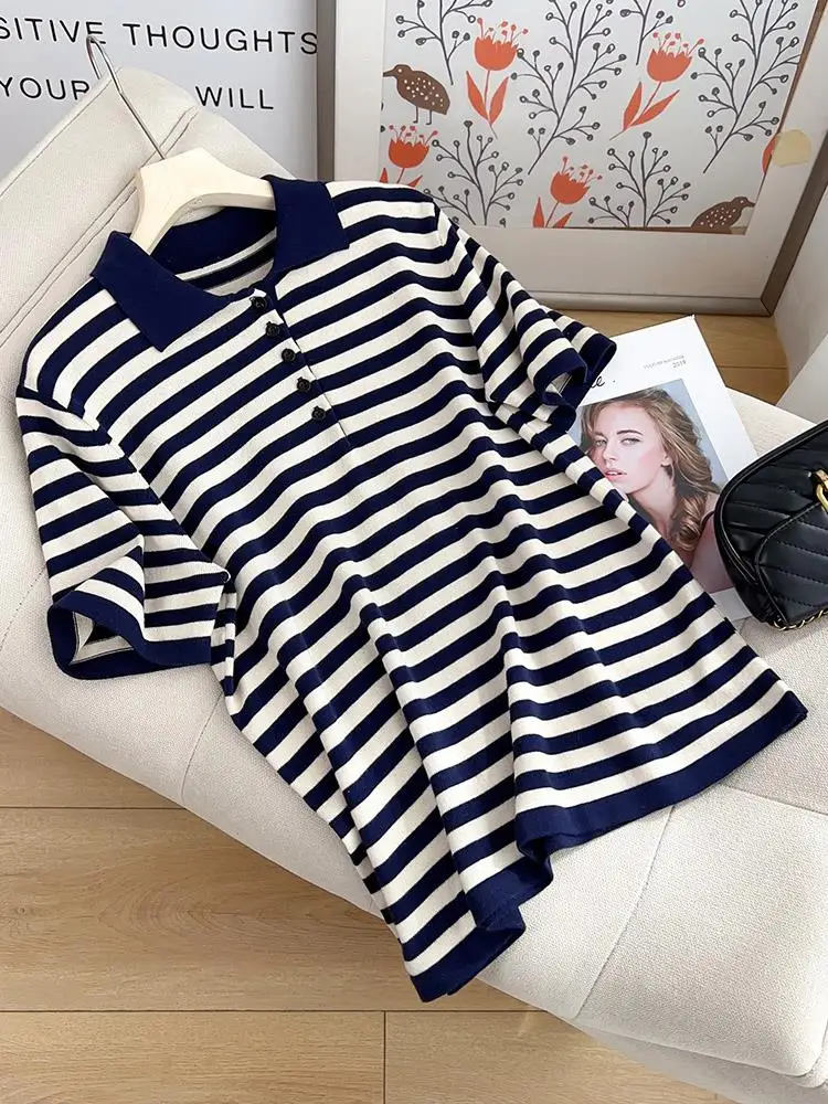 

Collar Pure Cotton Knitted ort Sve T-irt Women Loose Fit Striped Top Breathable Summer Online irt Casual Wear