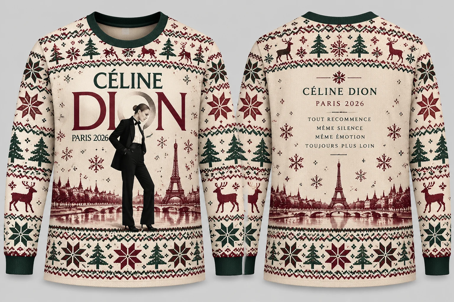 Céline Dion Paris 2026 Family Matching Ugly Christmas Sweater Eiffel Tower 3D Print Holiday Sweatshirt