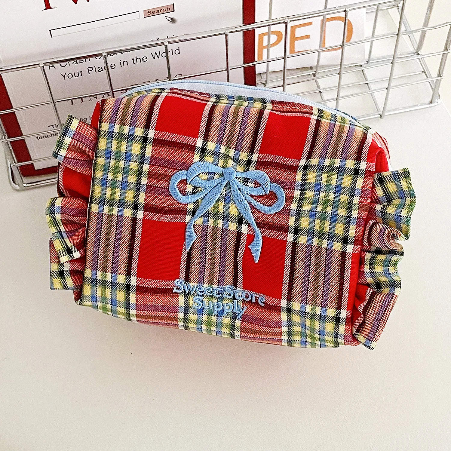 Retro Plaid Bow Makeup Bag Women Cosmetic Bag Travel Organizer Toiletry Bag Girl Lipstick Skincare Organizer Zipper Coin Purse