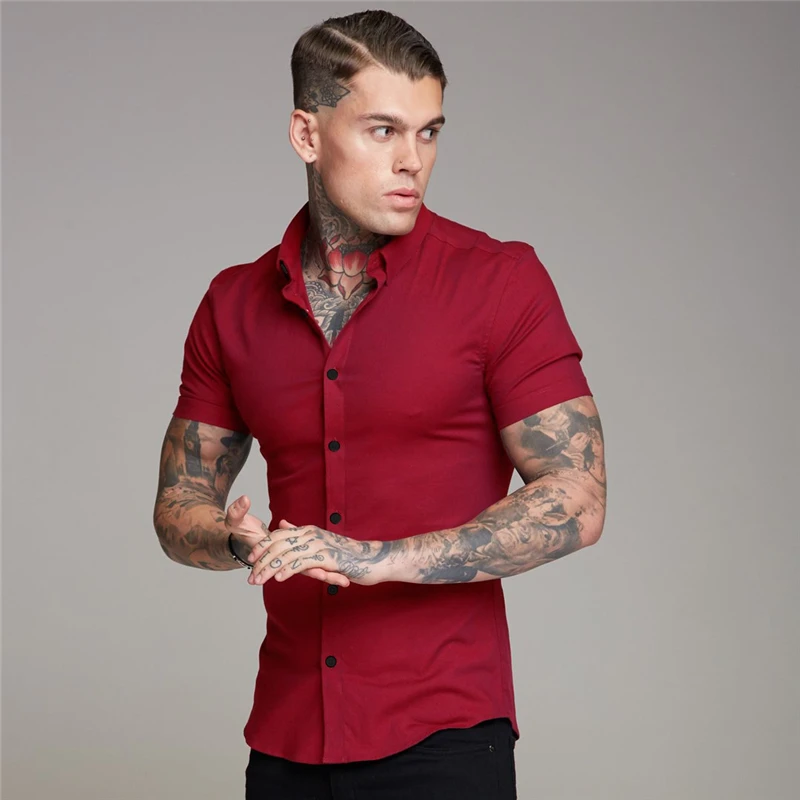 Summer Men Fashion Super Slim Fit Short Sleeve Gym Workout Stretching Classic Casual Dres Male Hipster Relaxed Luxe Formal Shirt