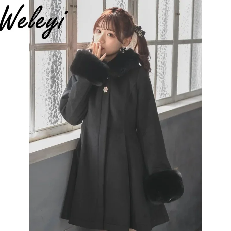 Japanese Rojita New Winter Long Coat Women Cute Fashion Long Sleeves Big Bow Woolen Hooded Snowball Winter Thickened Cold Coats