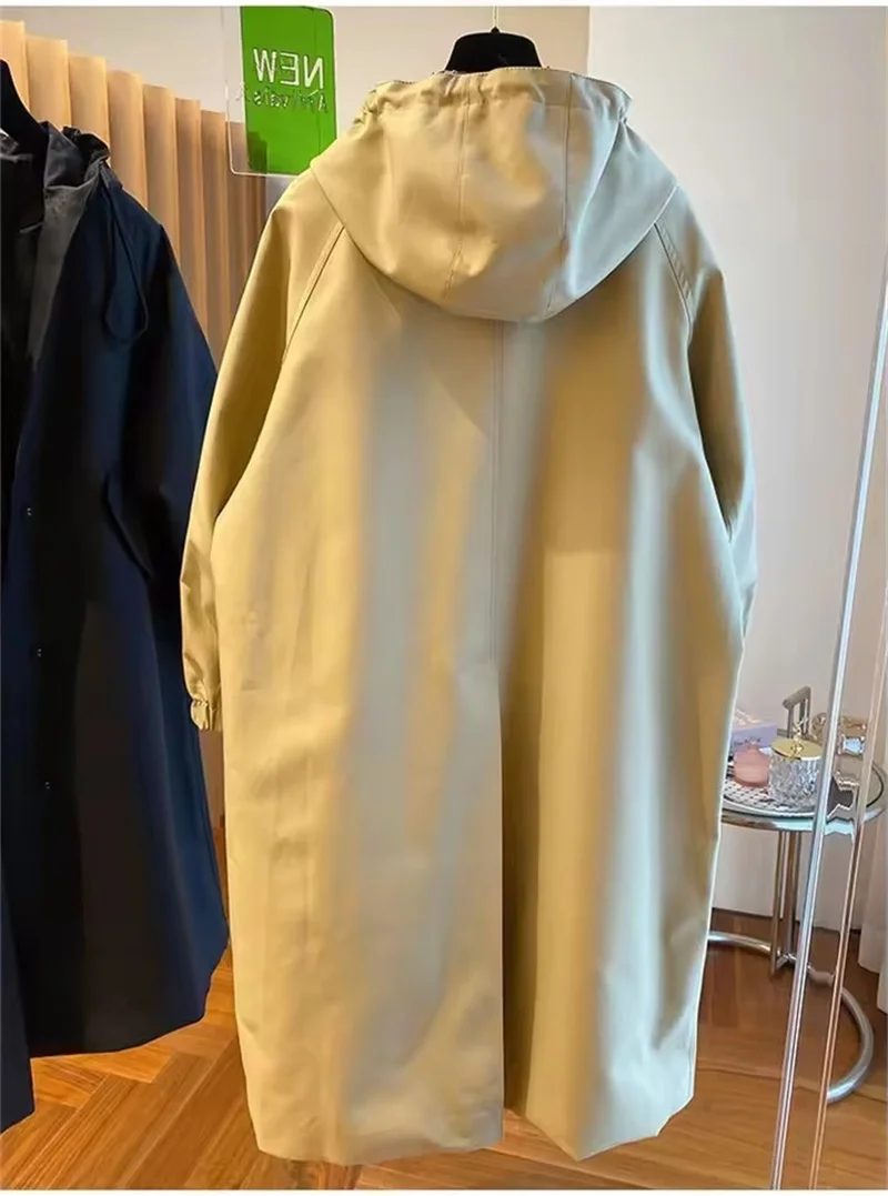 Spring Autumn Vintage Long Trench Coat Casual Windbreak Jacket Women Hood Drawstring Jacket Oversized Windbreaker JJ131