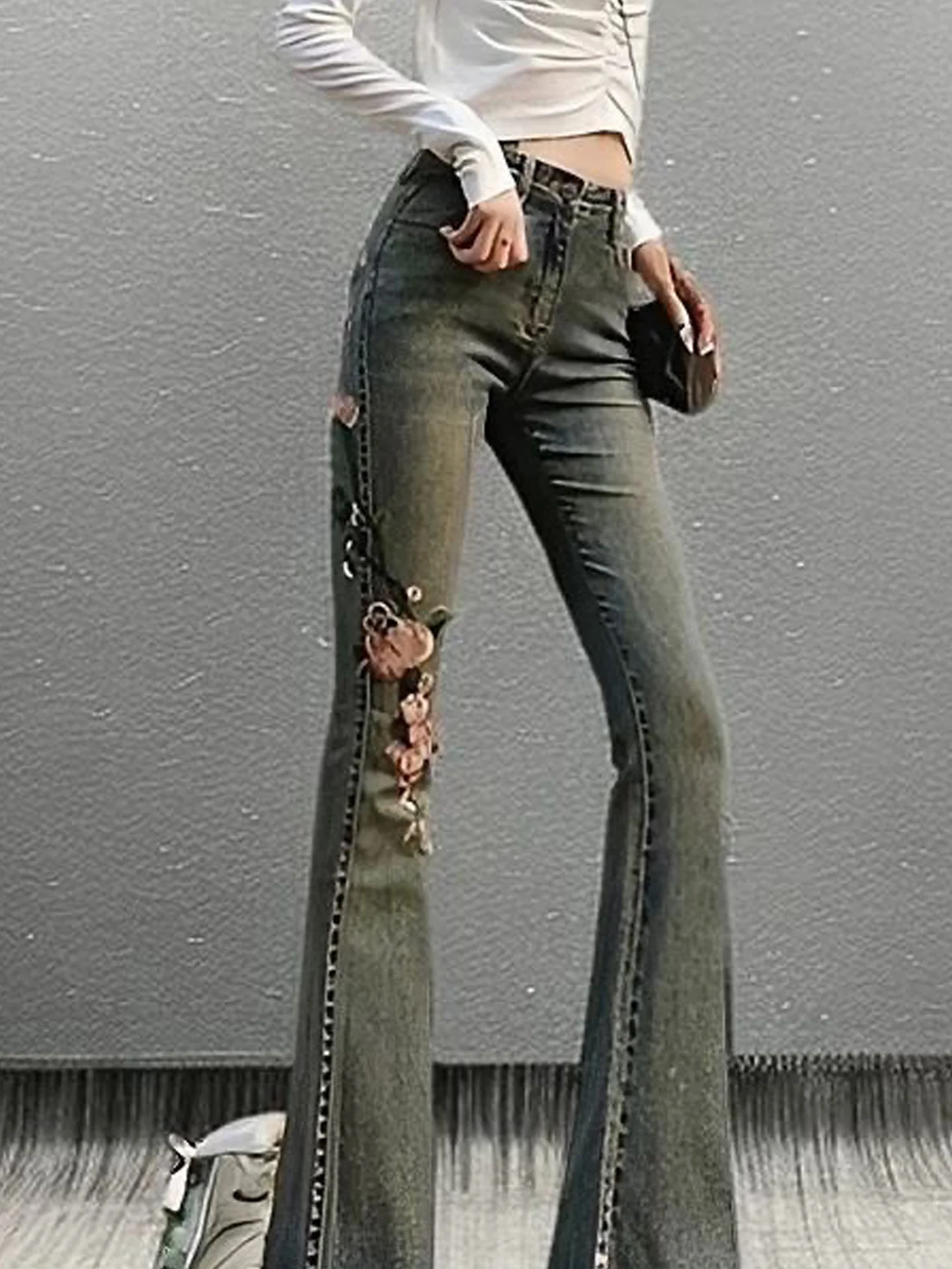 American Style Retro Embroidered Flower Bell Bottom Jeans Women's High Waist Slimming Micro Flare Long Trousers Casual Denim