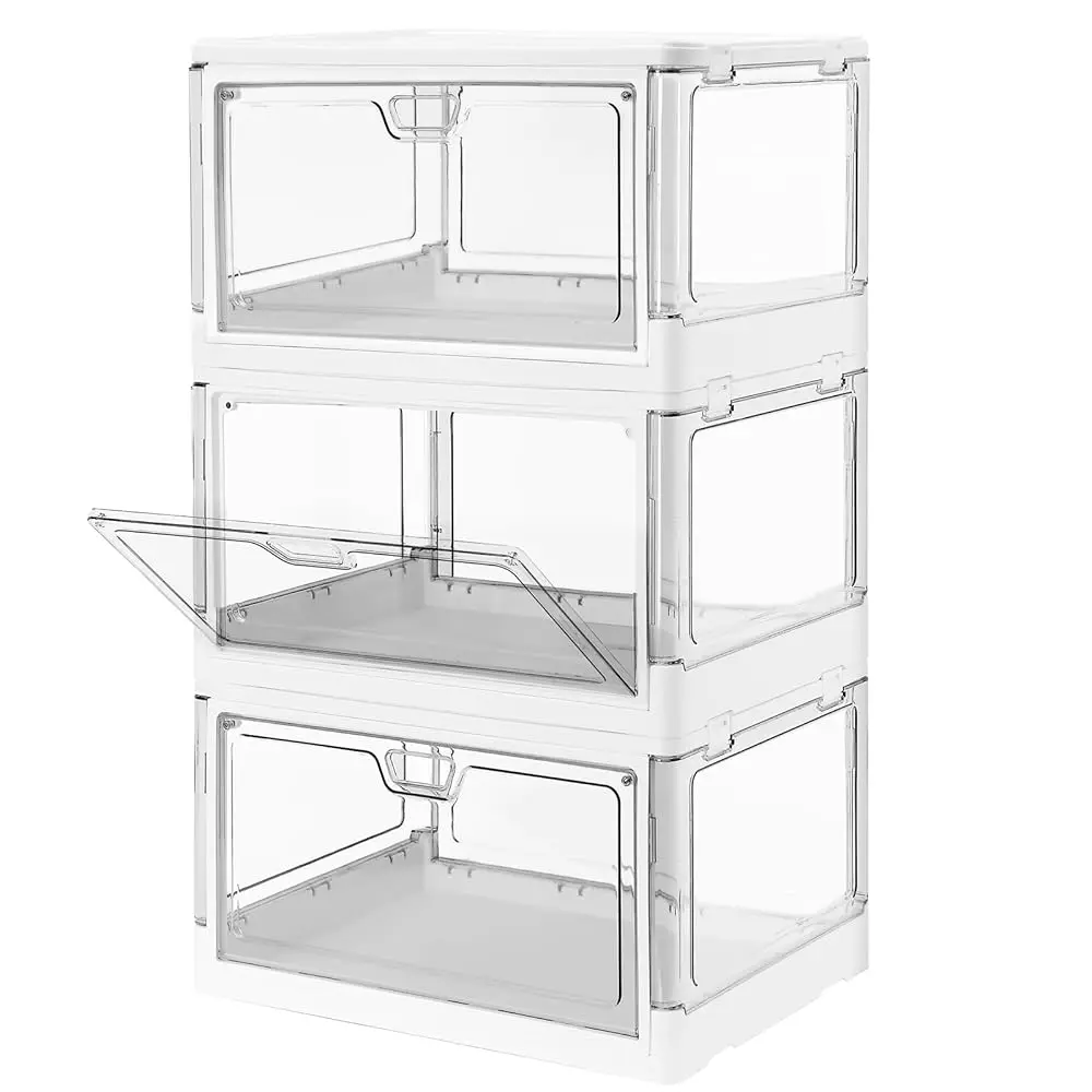 

3-Pa Clear Stackable Storage Bins With Lids Magnetic Doors Open Front Foldable Folding Plastic Craft Containers Large Closet