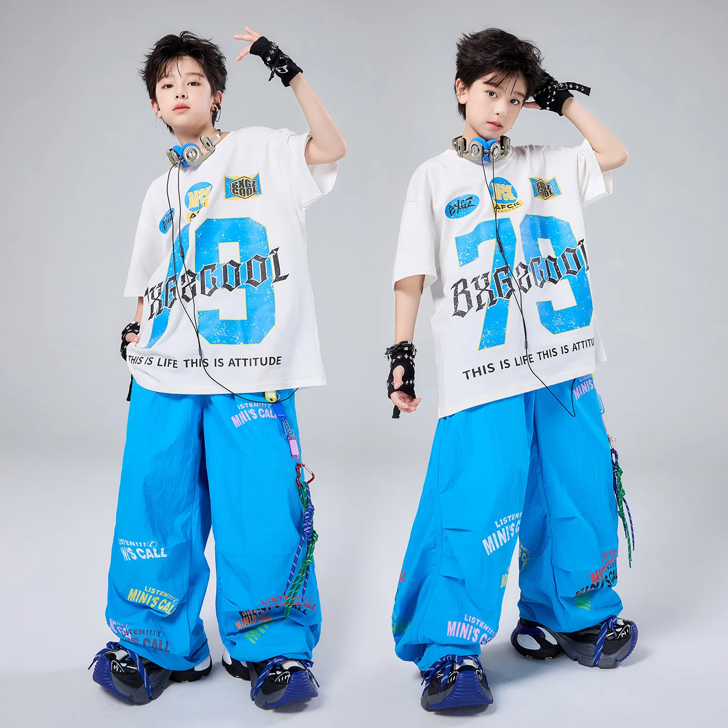 Children Modern Hiphop Dance Performance Costumes For Boys Loose Shirts Blue Pants Street Dance Wear Girls Jazz Clothes DQS23986