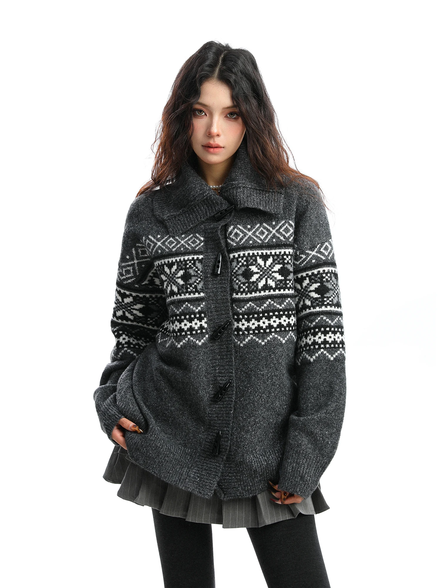 

Soft Cozy Fair Isle Knit Sweater Women's Autumn Winter Lazy Sle Open Cardigan Outerwear Top Biggold Retro Horn Button