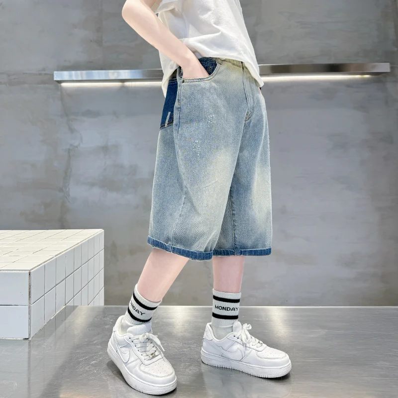 Korte stijl kinderen zomershorts voor jongens effen kleur denim shorts jeans kinderen tiener casual capribroek 5 7 9 11 13 14 jaar