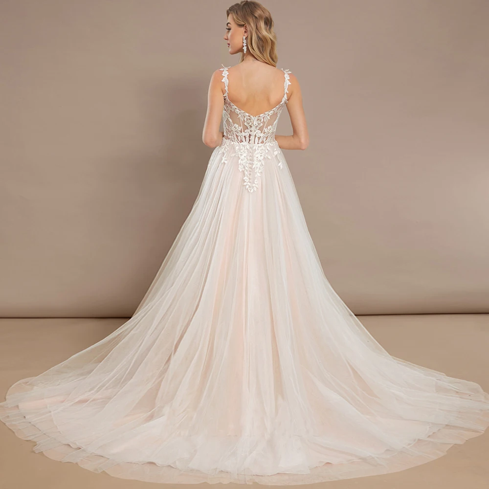 فساتين زفاف بأشرطة سباغيتي مخصصة على شكل حرف A فساتين زفاف مزينة بالزهور وسحاب سويب تراين فيستدو دي نوفيا