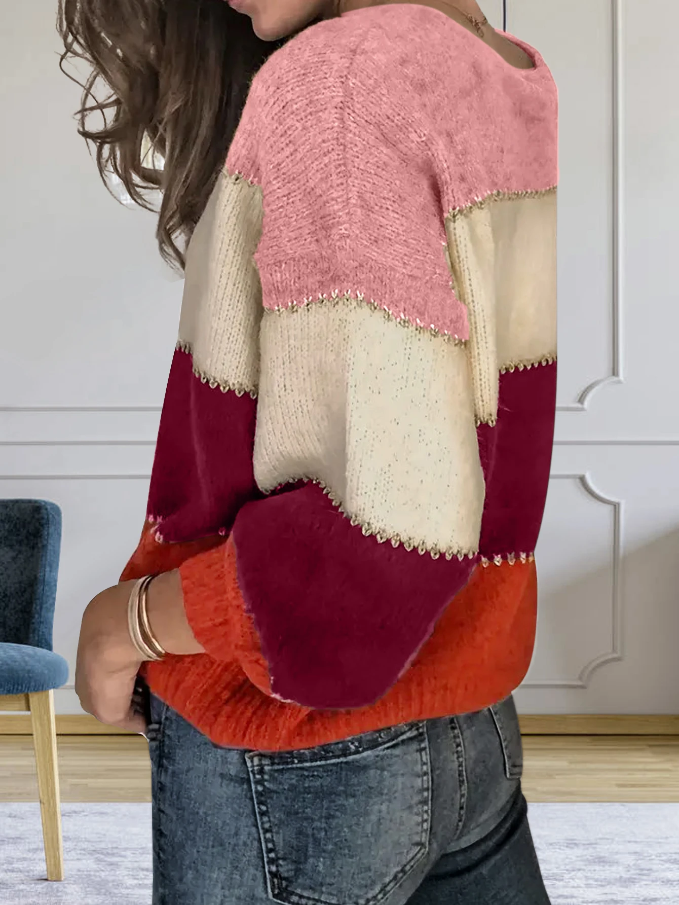 Fashion Patchwork O-neck Women Long Sleeve Warm Knitted Sweaters Pullover Female Tops Jumper