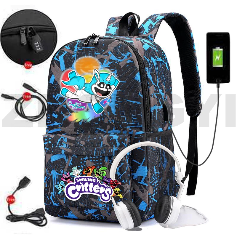 Canvas Smiling Critters Game Backpack Teenager College Notebook Urban Anti-theft Mochilas USB Charging School Back Pack for Boys