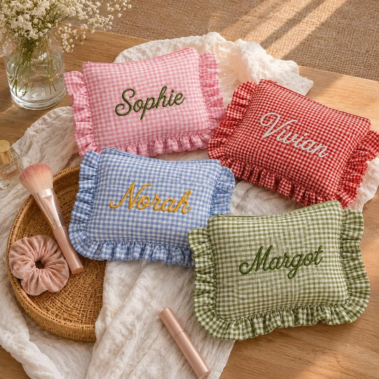 Embroidered Gingham Makeup Bag, Bachelorette Party Gift, Customized Name Bridesmaid Pouch, Bridal Shower Cosmetic Bag