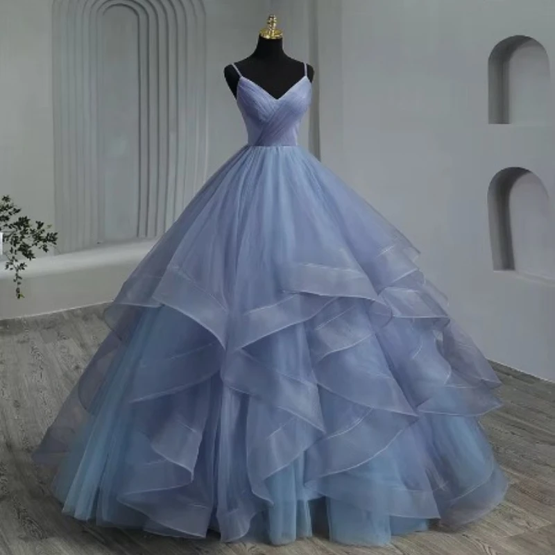 Customized Glitter Tulle Prom Dresses Spaghetti Straps Ball Gowns for Women Puffy Tiered Formal Evening Party Dress