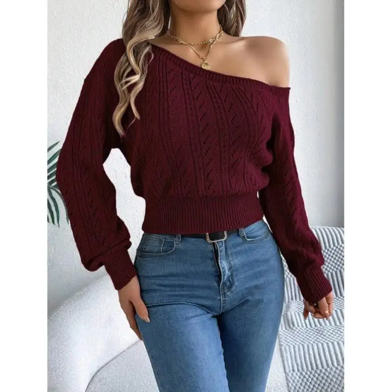 

Asymmetric oulder Bared Long Sve Knitted Sweater Hollow out Coolmax Fiber Women's Ciwalk Collar Nine Point Sve