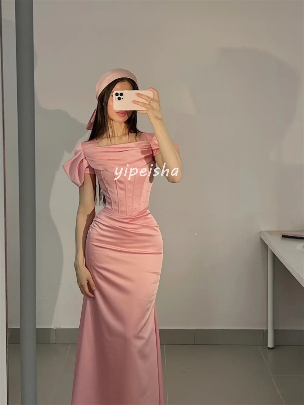 Aangepaste prachtige hoge kwaliteit plooi ruches parel zeemeermin vierkante hals lange jurken avondjurken maten beschikbaar mode