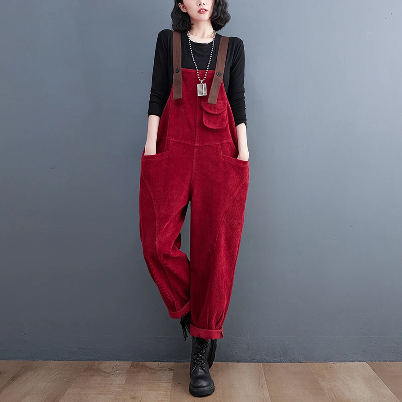 Fashion Streetwear Winter Corduroy Overalls For Women Pockets Straps Ladies Jumpsuits Loose Baggy Wide Leg Cargo Pants Red Black
