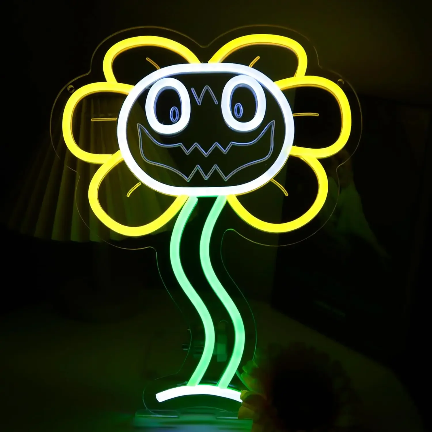 Flowey Neon Sign LED Wall Art Evil Flower Game Yellow Green USB Powered Dimmable Acrylic Glow Lamp Bedroom Party Decor