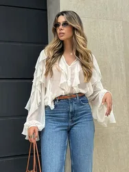 HH Spring Women 2025 Elegant V-Neck Blouse Single-Breasted Women Long Sleeves Laminated Decorative Solid 2-color Shirt