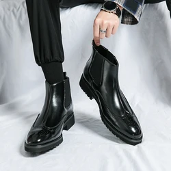 Elegant Men Leather Boots Pointed Toe British Chelsea Boots for Men Business Designer Luxury Shoes Handmade Carving Ankle Boots