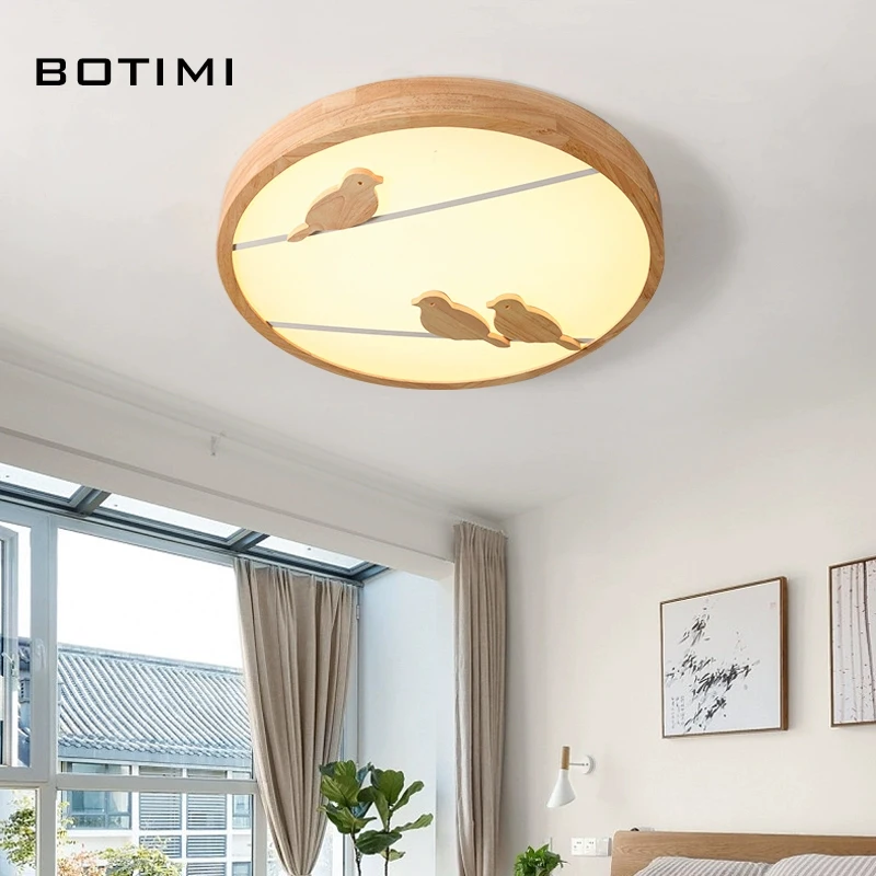 BOTIMI أضواء السقف LED الخشبية الصلبة المستديرة مع الطيور لغرفة المعيشة عن بعد سطح شنت إضاءة غرفة النوم مصباح الغرف الحديثة #3