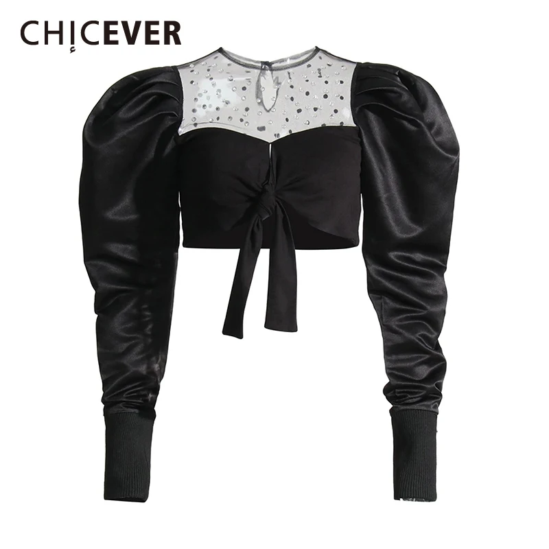 

CHICEVER Spliced Diamond Short Shirts For Women Round Neck Puff Long Sleeve Patchwork Bowknot Colorblock Blouses Female Style