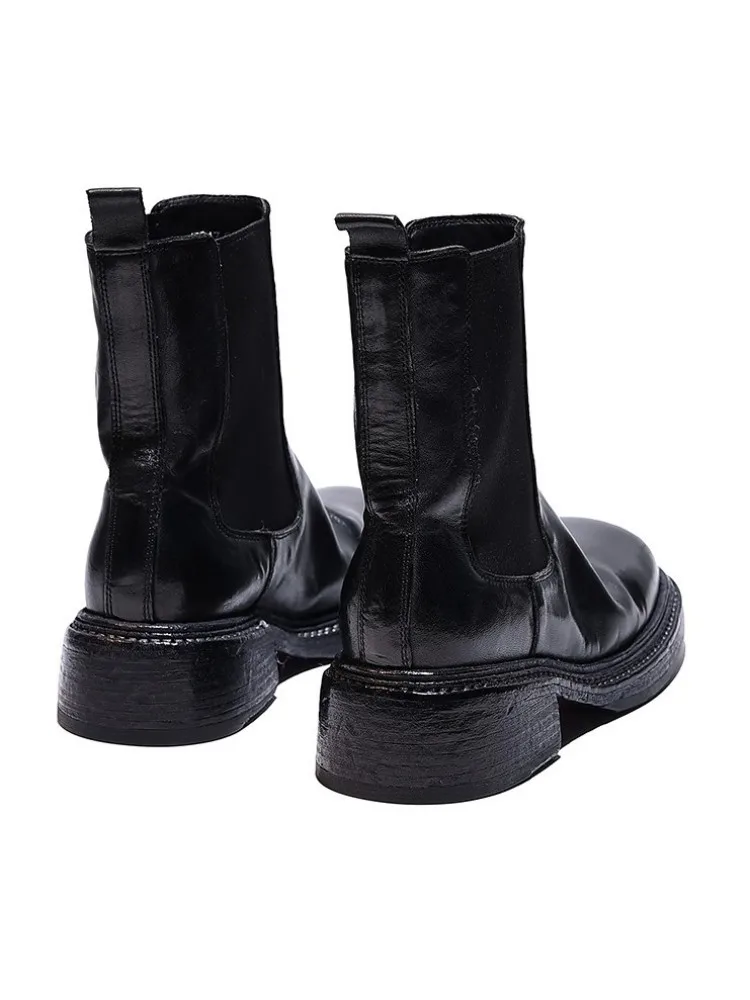 Square Toe Vintage Designer Handmade Horsehid Genuine Leather Boots Women Slip On Chunky Heel Shoes Lady Motorcycle Short Boots