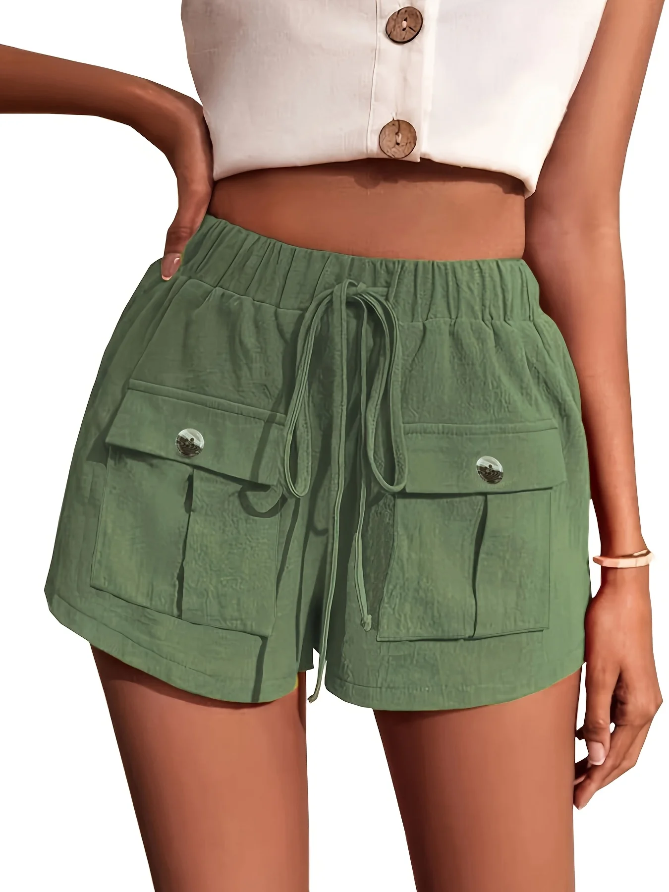 Olive Damen-Shorts, übergroß, gewebt, einfarbig, lässig, bequem, lockere Passform, hohe Taille, knielang, Sommermode, Olive
