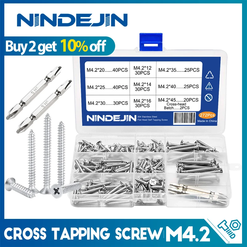 NINDEJIN 272pcs/set M4.2 Screw Set Flat Head Self Tapping Screws Assortment Kit With Cross Screwdriver Bits