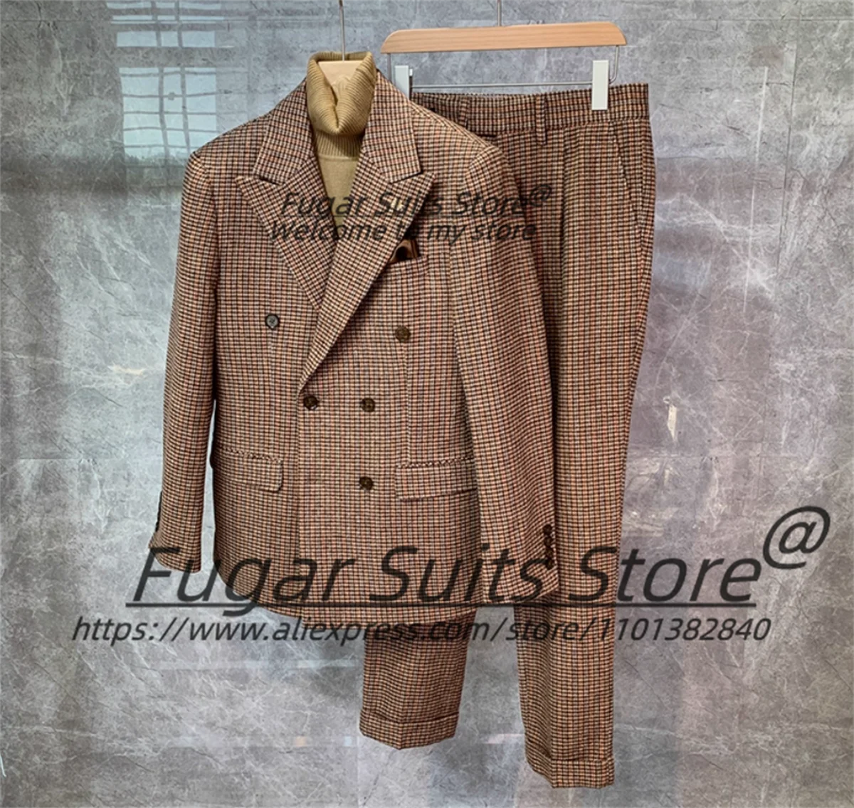 

Elegant Brown High-qublity Men Suits Customized Slim Fit Double Breasted Groom Wedding Tuxedos 2 Pieces Sets Male Party Blazers
