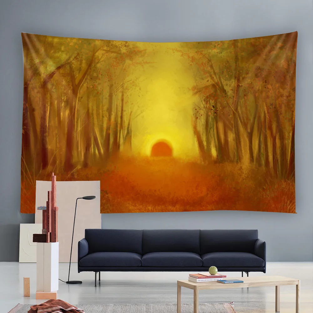 Watercolor Autumn Fog Forest Sunrise Tapestry Wall Mounted Background Fabric Nordic Living Room Sofa Decor