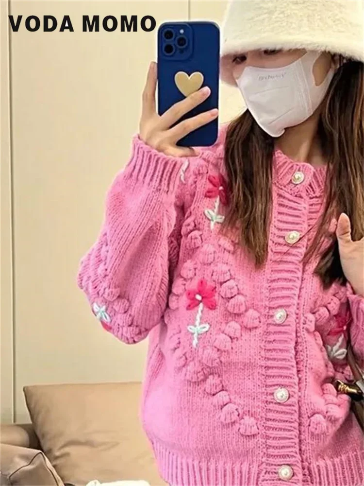 

Корейское свободное милое весенне-осеннее пальто с жемчугом и пуговицами, вязаный кардиган, женский винтажный дизайн, свитер с вышивкой, топ с круглым вырезом