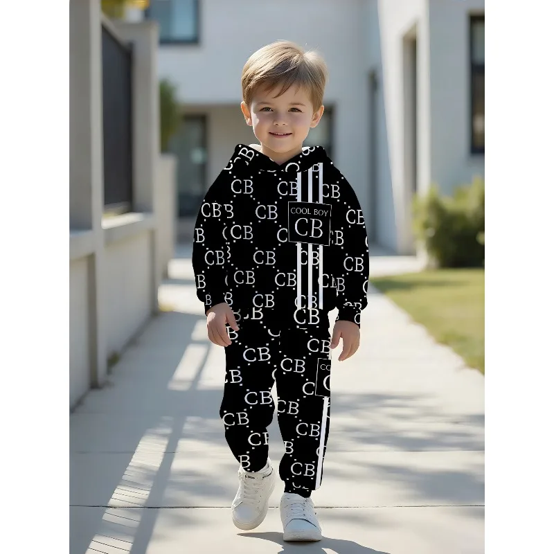 Unisex Toddler Hooded Jogger 2Pcs Tracksuit CB Monogram Tricolor Paris Halloween Bat Cartoon Lion Bear Grid Soccer Kids Outfit