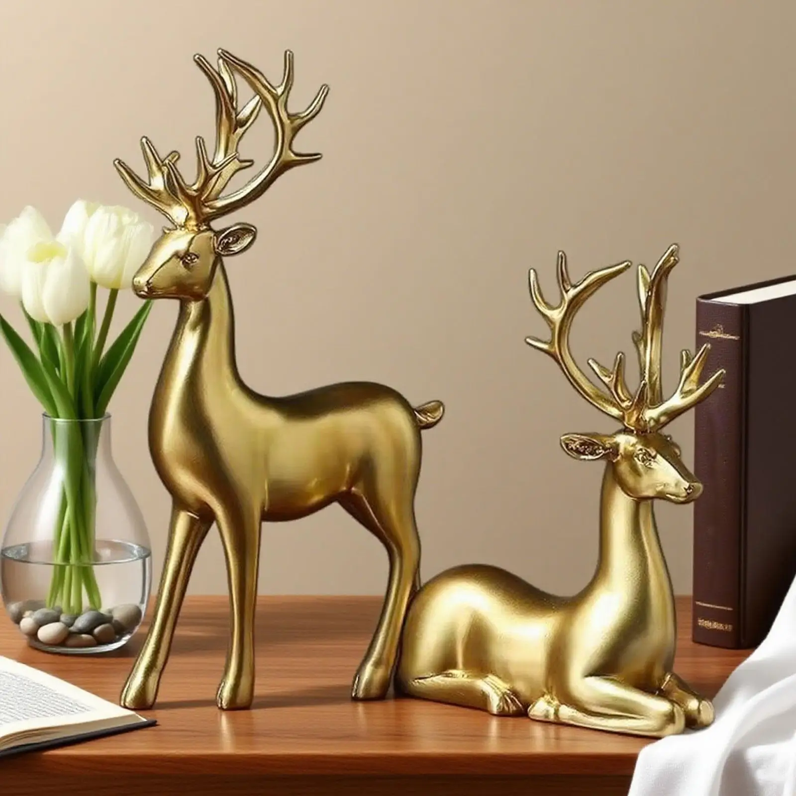 

2Pcs Reindeer Statues Animal Sculptures Standing Sitting Figurine Modern Figurines for Mantle Cabinet Bar Table Decoration