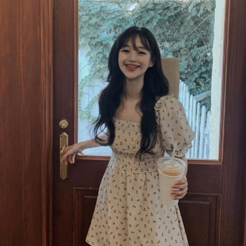 Floral Print  Dr Women's Summer New Sle Elastic Waist Slimming Bubble Sve Square Collar Gingham Skirt