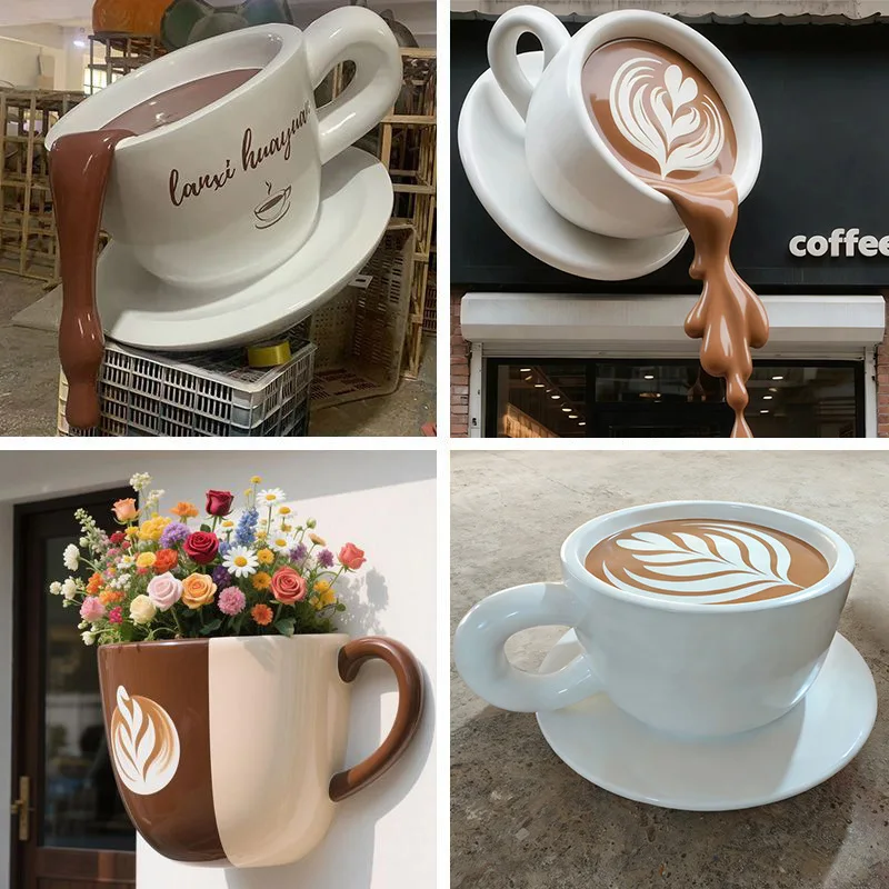 Large coffee cup sculpture door wall-mounted fiberglass model shop clock in wall decoration